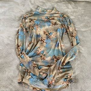 mesh long sleeve turtleneck with renaissance angel pattern
